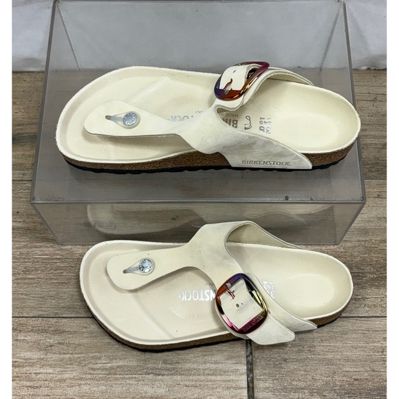 Birkenstock Gizeh White Suede Rainbow Buckle Thong Sandals Women's Size 38  US 7 - Picture 6 of 7